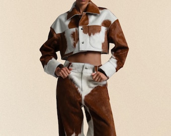 Women’s Cropped Cow Print Jacket & Pants Set – Genuine Hair-On Cowhide Leather Western Rodeo Festival Streetwear Outfit