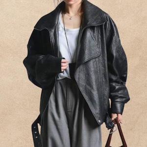 Women&#39;s Oversized Genuine Leather Bomber Jacket Leather jacket for women Ladies Biker Jacket Women Y2K Style Leather Jacket, Gift for her