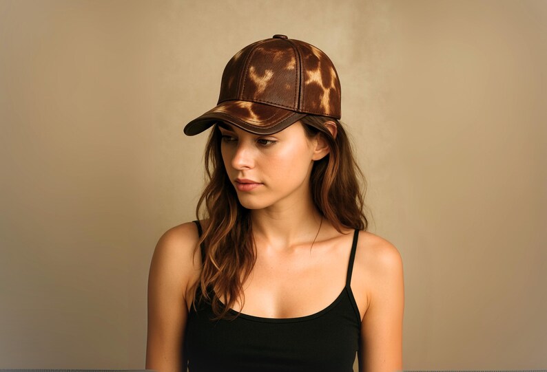 May include: A brown baseball cap with a unique spotted pattern. The cap has a curved brim and a button on top. The hat is made of a leather-like material and is worn by a person.