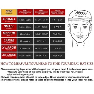 May include: A size chart for hats, with measurements in inches and centimeters. The chart includes sizes from X-Small to XX-Large, with corresponding head circumferences. Instructions on how to measure your head are also included.