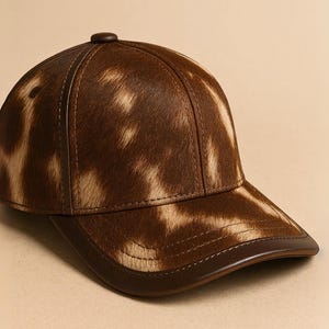 May include: A brown and tan baseball cap with a curved brim. The cap features a textured pattern and a small button on top. The brim and button are a darker shade of brown, and the cap is made of a material that resembles animal hide.
