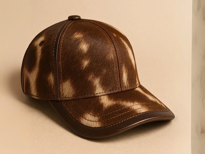 May include: A brown and tan baseball cap with a curved brim. The cap features a textured pattern and a small button on top. The brim and button are a darker shade of brown, and the cap is made of a material that resembles animal hide.