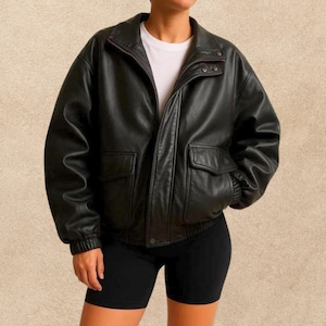 1980s Women Black Oversized Leather Jacket, Ladies Old Retro Vintage Leather Jacket, Women&#39;s Streetwear Genuine Leather Jacket, Gift For Her