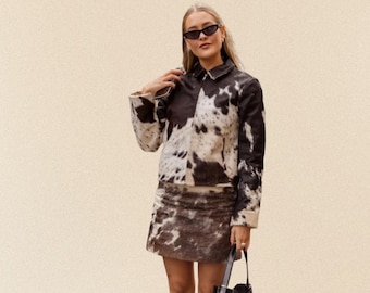Set van leren rok en jasje van koeienhuid voor dames, westernoutfit, tweedelig festival- en countryconcertkleding van echt koeienhuid, cadeau voor haar