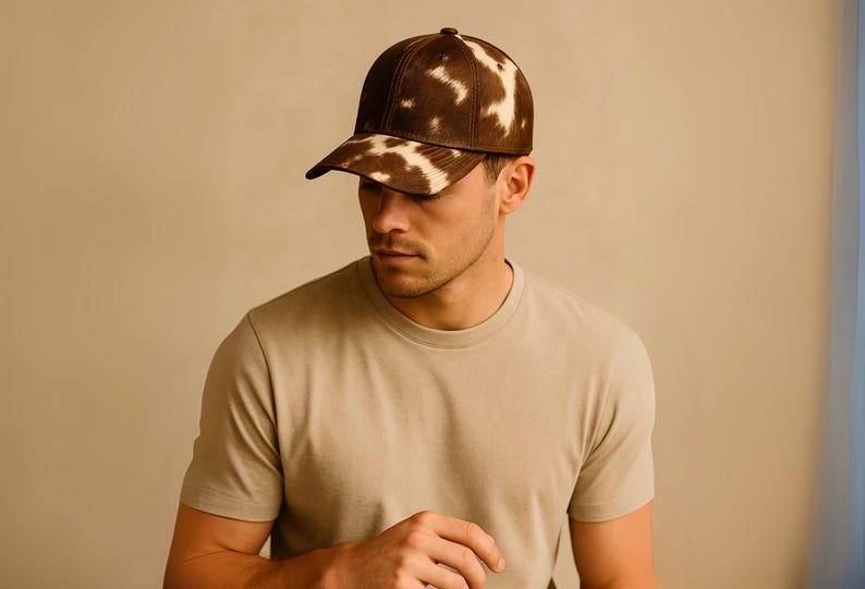 May include: A brown and white patterned baseball cap. The cap has a curved brim and a button on top. The cap is made of a textured material. The person in the image is wearing a beige t-shirt.