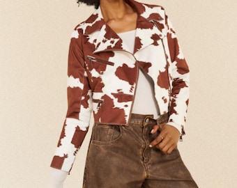 Cow Print Leather Jacket for Women Brown Cropped Biker Moto Western Rodeo Festival Streetwear Animal Print Outerwear