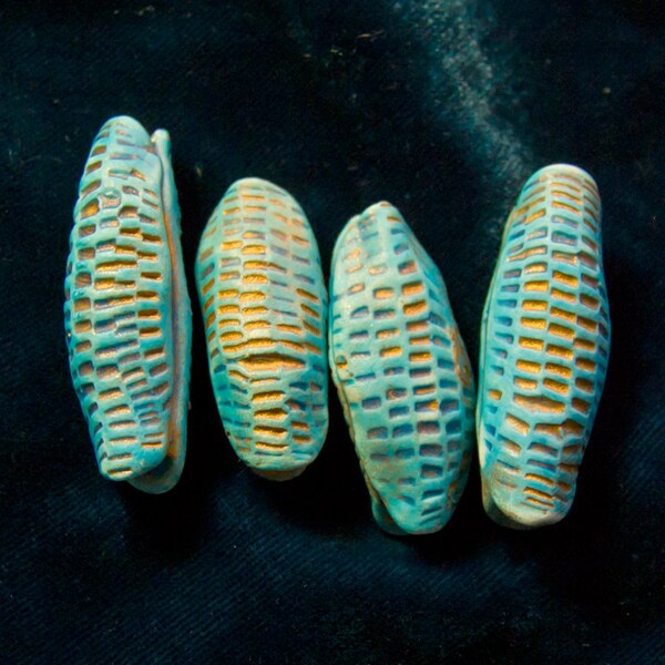 Handmade Polymer Clay Pod Beads in Turquoise-Blue and Gold-- set of four