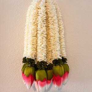 Könnte beinhalten: Eine weiße Girlande aus Jasminblüten mit grünen und rosa Akzenten. Die Girlande hängt an einer weißen Wand.