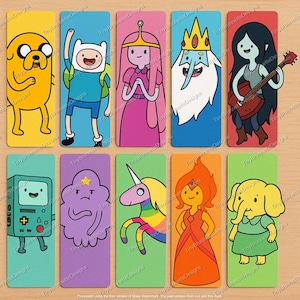 Puede incluir: Un conjunto de diez marcapáginas coloridos con personajes de la serie animada Adventure Time. Cada marcapáginas muestra una ilustración diferente de un personaje sobre un fondo rectangular. Los personajes incluyen a Jake, Finn, Princesa Chicle y otros.