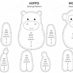 May include: A black and white sewing pattern sheet featuring outlines for three stuffed animals: a giraffe, a hippo, and a monkey. Each animal includes labeled body parts like body, arm, leg, and tail with specific cut instructions and directional arrows.