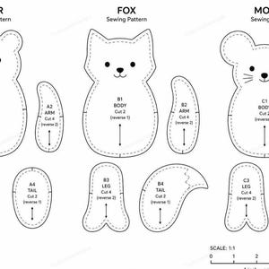 May include: A black and white sewing pattern sheet featuring outlines for a bear, fox, and mouse. Each animal includes labeled body parts like body, arm, leg, and tail with cutting instructions and a 5-inch scale ruler at the bottom right corner.