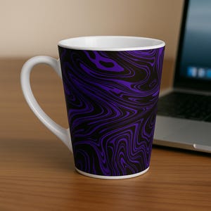 Intense Black Purple Swirl Latte Mug – 12oz Ceramic Coffee Cup | Unique Gift for Coffee Lovers, Modern Kitchen Decor