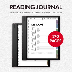May include: A digital reading journal displayed on two black e-ink tablets. The screen shows a My Books page with numbered book icons, lines for title, author, pages, and year. A red circle overlay states 370 PAGES. Text includes READING JOURNAL.
