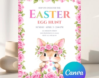 Editable Easter Egg Hunt Invitation | Pink Rose Watercolor, Polka Dot Egg Bundle (Digital Download)