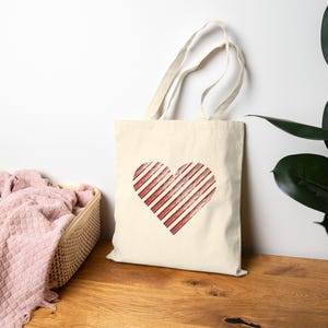 Heart Striped Cotton Canvas Tote Bag | Eco-Friendly Shopping Bag, Gift for Her, Boho Style Tote, Reusable Grocery Bag, Beach Bag