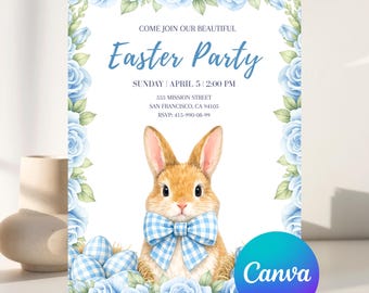 Gingham Check Pastel Blue Easter Invitation Canva Editable Bundle