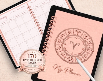 Aries Digital Planner Rose Gold Undated Notebook – Zodiac Astrology Celestial Hyperlinked PDF (Digital Download)