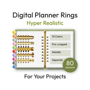 以下が含まれることがあります： ハイパーリアルなデザインのデジタルプランナーリング。画像は、ゴールドカラーのリングとさまざまなリングスタイルを備えた緑色のプランナーを示しています。テキストは、10色、事前にトリミングされた、メタリック、および個別の要素を示しています。画像には「プロジェクトのために」とも書かれています。