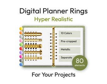 Realistic Metallic Digital Planner Rings – 10 Colors Chrome Coils, Pre-Cropped Binder (Digital Download)