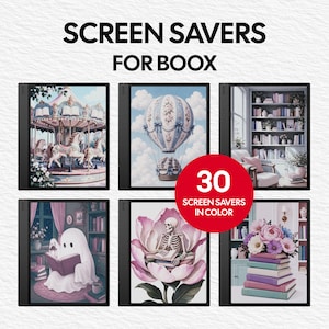 Könnte beinhalten: Eine Sammlung von 30 digitalen Bildschirmschonern für Boox-E-Reader, dargestellt auf sechs schwarzen Tablets. Die Bilder zeigen ein Karussell, einen Heißluftballon, eine Bibliothek, ein lesendes Gespenst, ein Skelett in einer Blume und Bücherstapel.