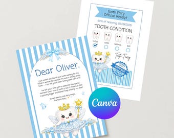 Editable Blue Tooth Fairy Note Letter and Receipt for Boy – ToothFairy Canva Template (5x7)