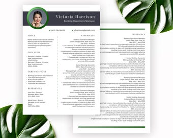 Stylish Modern Resume Template Bundle – Green, White & Gray | Canva Editable | Banking, Operations, Management