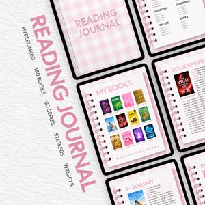 May include: A digital reading journal displayed on multiple tablet screens, featuring a pink gingham cover, book review pages, and a bookshelf layout. The text reads Reading Journal, Hyperlinked, 180 Books, 60 Series, Stickers, and Widgets.