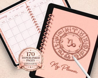 Capricorn Digital Planner Rose Gold Undated – Zodiac Astrology Celestial Hyperlinked PDF Notebook (Digital Download)