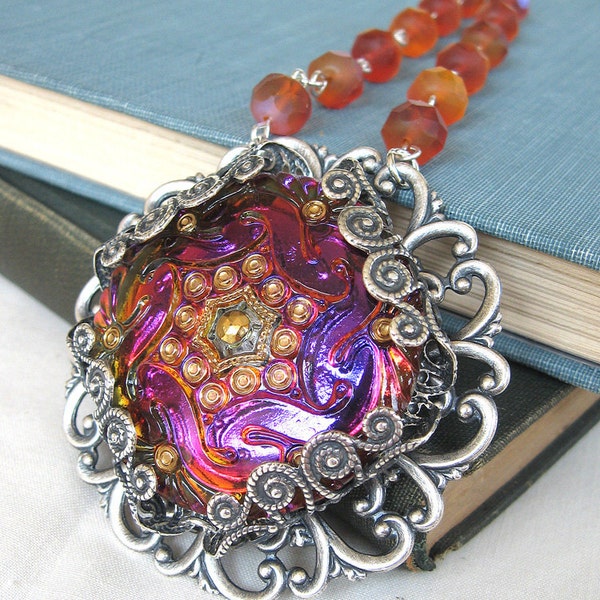 RESERVED with accent earrings, Rose Window XII Spirit of Fire Cathedral - Purple glass silver filigree necklace - Elysia