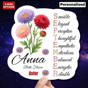 Sticker fleur aster naissance septembre Sticker nom floral personnalisé cadeau personnalisé pour elle nouveau-né bébé fille Sticker autocollant pour ordinateur portable Mug