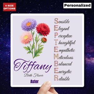 Sticker aster fleur septembre naissance carré nom floral sticker cadeau personnalisé pour bébé fille Sticker pour ordinateur portable agenda bouteille d'eau tasse