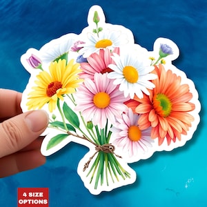 Adesivo de flor margarida com buquê floral romântico, decalque de vinil à prova d'água, corte de beijo, presente estético de primavera para laptop, garrafa de água, diário, arte