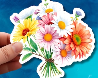 Pegatina de ramo de margaritas: vinilo impermeable, arte floral romántico, cumpleaños de abril