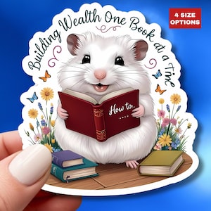 Pegatina de hámster para generar riqueza, linda calcomanía de vinilo para leer, regalo para amantes de los libros, calcomanía de educación financiera, calcomanía de motivación para el estudio de animales, calcomanía para computadora portátil, arte