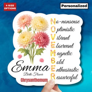 Sticker fleur chrysanthèmes novembre naissance sticker nom floral personnalisé cadeau pour son bébé nouveau-né fille Sticker ordinateur portable planificateur Mug