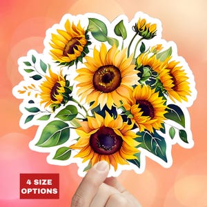 Beau bouquet de tournesols, autocollant découpé, sticker floral en vinyle pour ordinateur portable, autocollant pour bouteille d'eau, décor soleil, ambiance joyeuse, affirmation positive