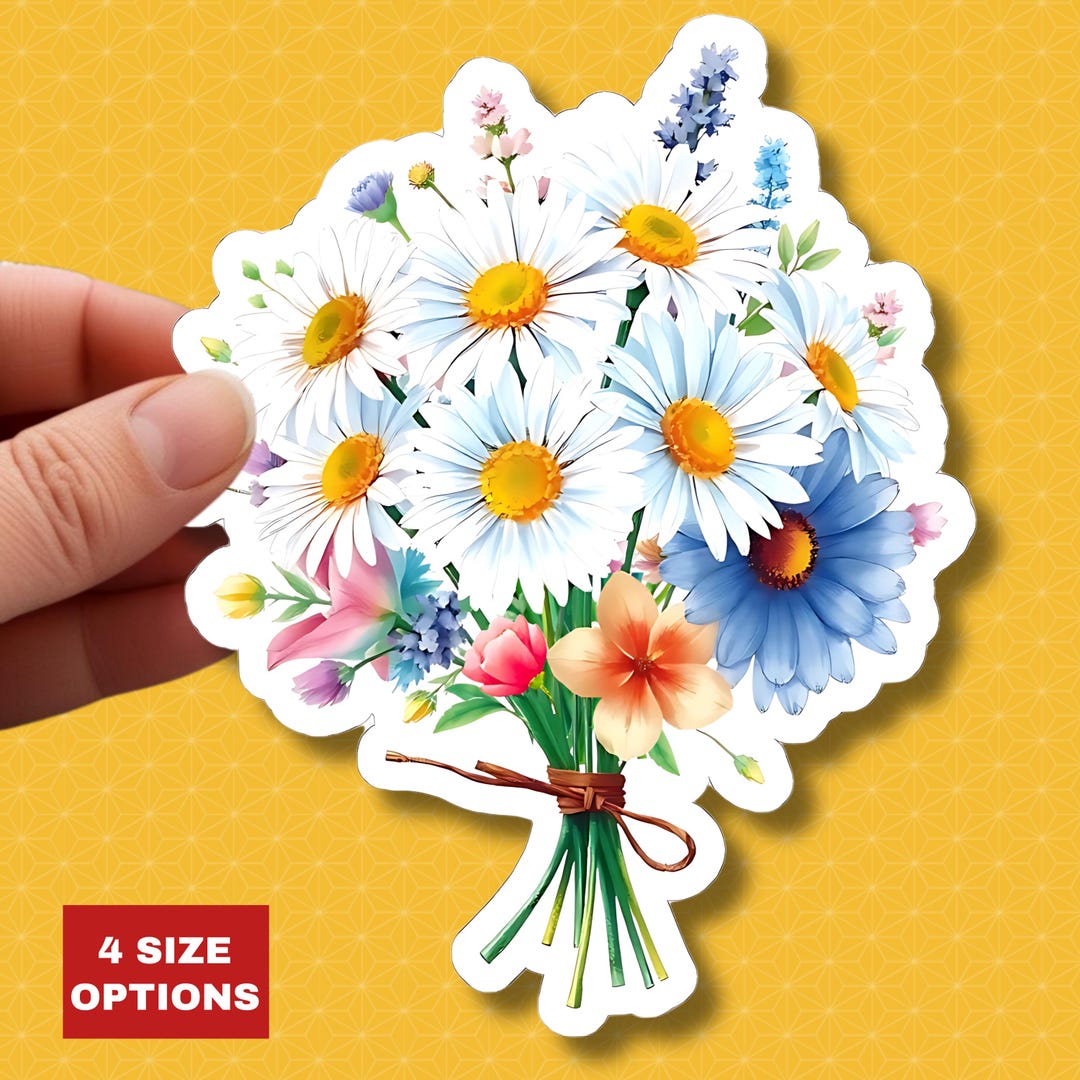 Flower Sticker Dc White Daisy Flower Bouquet Sticker: Waterproof April Birthday Vinyl ...