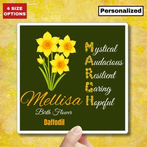 Sticker jonquille carré fleur de naissance mars personnalisé Sticker nom floral cadeau personnalisé pour elle bébé fille Sticker ordinateur portable Mug pour ordinateur portable