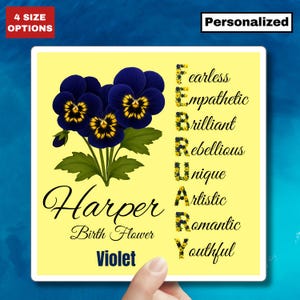 Sticker violet février naissance fleur sticker carré nom floral personnalisé sticker cadeau pour elle bébé fille sticker laptop planner mug