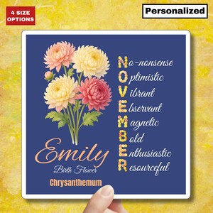 Sticker chrysanthème novembre naissance fleur carré nom floral sticker cadeau personnalisé pour son bébé fille Sticker ordinateur portable personnalisé planificateur Mug