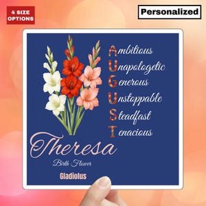 Sticker glaïeul fleur de naissance août carré nom Floral sticker cadeau personnalisé pour son bébé fille Sticker pour ordinateur portable agenda bouteille d'eau cadeau
