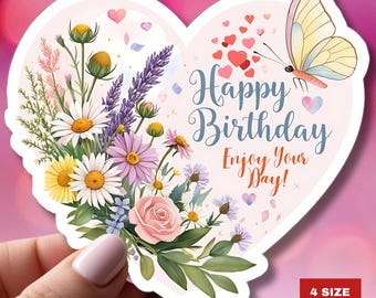 Floral Heart Happy Birthday Sticker: Colorful Celebration Party Favor, Quality Waterproof Vinyl Decal