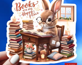 Books Are My Happy Place: Bookish Bunny Vinyl Sticker, Love Reading Books
