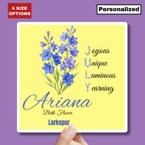 Rittersporn Aufkleber Juli Geburtsblume quadratischer Aufkleber Blumenabziehbild individuelles Geschenk für sie personalisierte Laptop Aufkleber Planer Wasserflasche Becher Geschenk