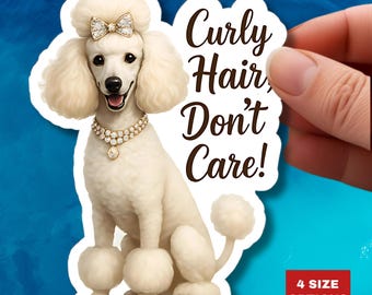 Pegatina de caniche blanco glamuroso: collar de perlas, patas con pompones, pelo rizado, vinilo.