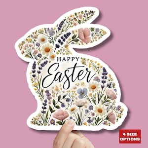 Pegatina de vinilo troquelada de conejito de Pascua: flores de primavera, decoración navideña