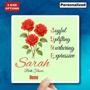 Sticker rose fleur de naissance juin sticker nom floral carré cadeau personnalisé pour elle bébé fille Sticker ordinateur portable personnalisé agenda tasse étiquette cadeau