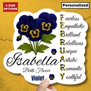 Sticker fleur de naissance février violet Sticker fleur de naissance personnalisé Cadeau personnalisé pour son ordinateur portable Agenda Mug nouveau-né bébé fille Cadeau pour maman