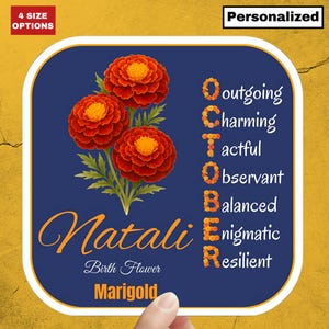 Personalized Marigold Birth Flower Sticker: Custom Gift for October Birthday, Quality Waterproof Floral Vinyl Decal