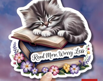 Gatos y libros: Educación. Lee más. Preocúpate menos. Pegatina de vinilo impermeable.
